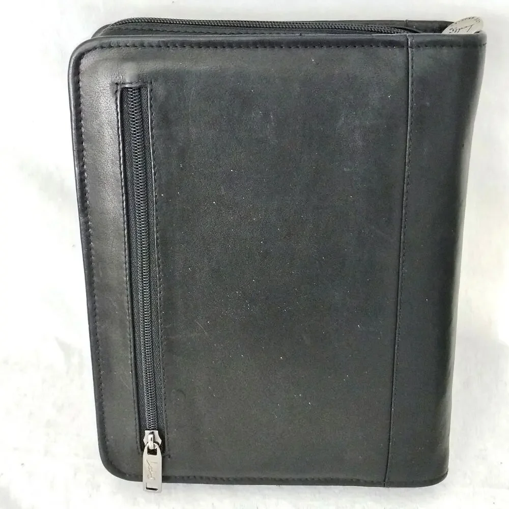 Lodis Black Leather Zip Folio Binder Planner Business Lined Pages Expense Notes